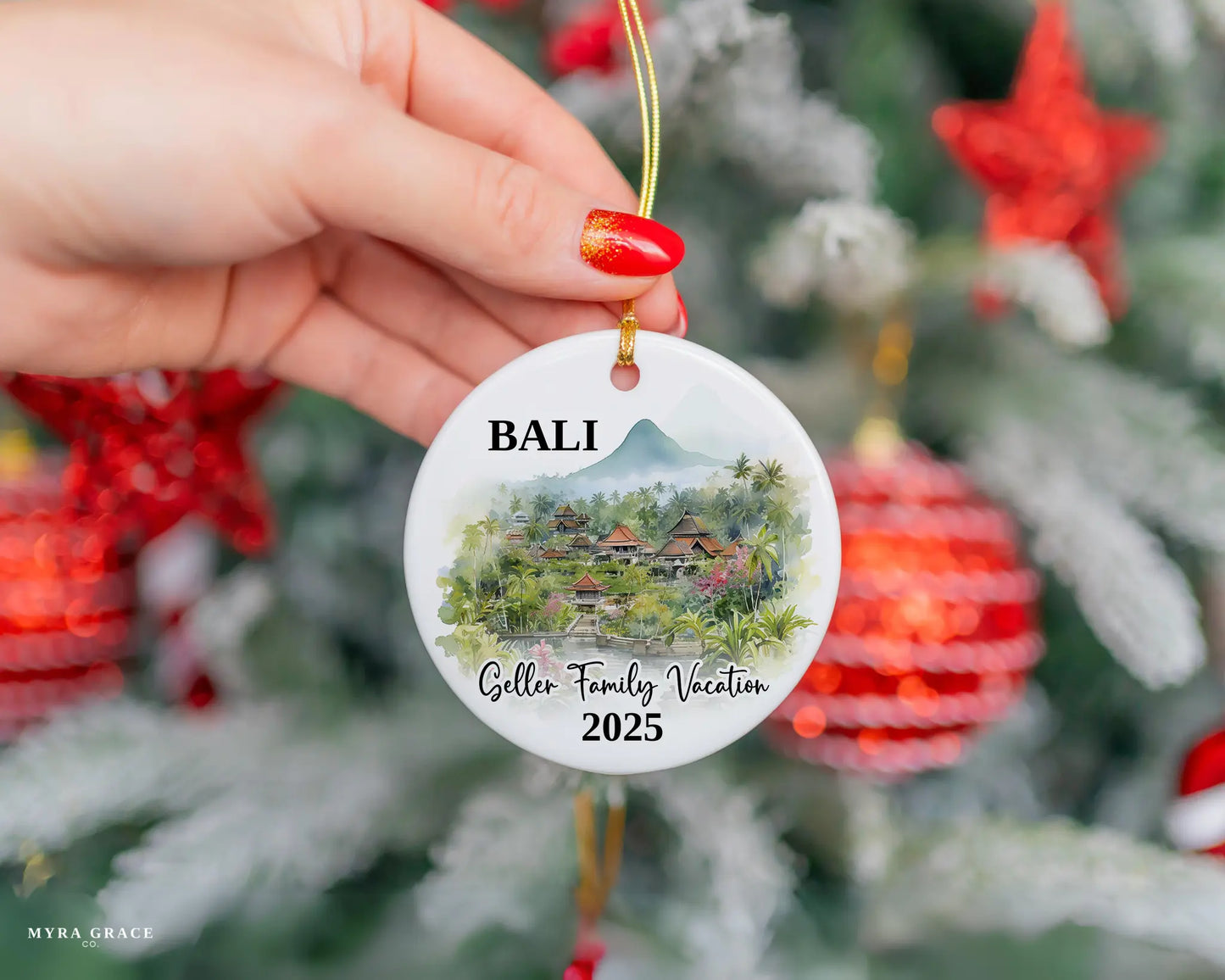 Custom vacation Bali Indonesia ceramic photo ornament with personalized message – handmade Christmas bauble, gift souvenir, or vacation keepsake. 