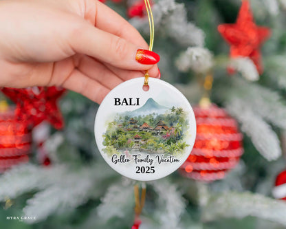 Custom vacation Bali Indonesia ceramic photo ornament with personalized message – handmade Christmas bauble, gift souvenir, or vacation keepsake. 
