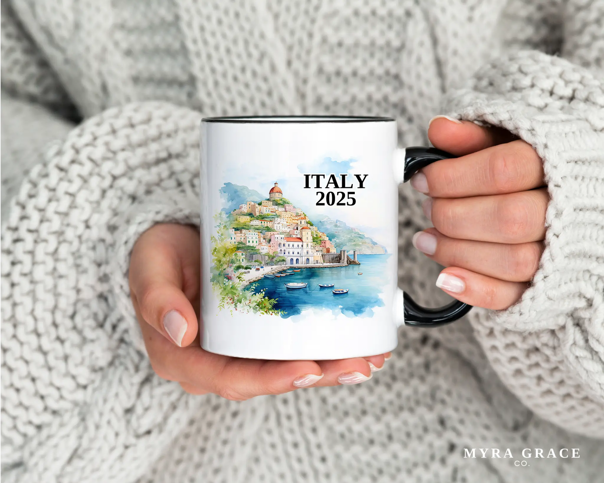 Custom ceramic Italy Amalfi Coast vacation mug with watercolor location design, date, and personal photo – personalized travel gift or photo mug. 