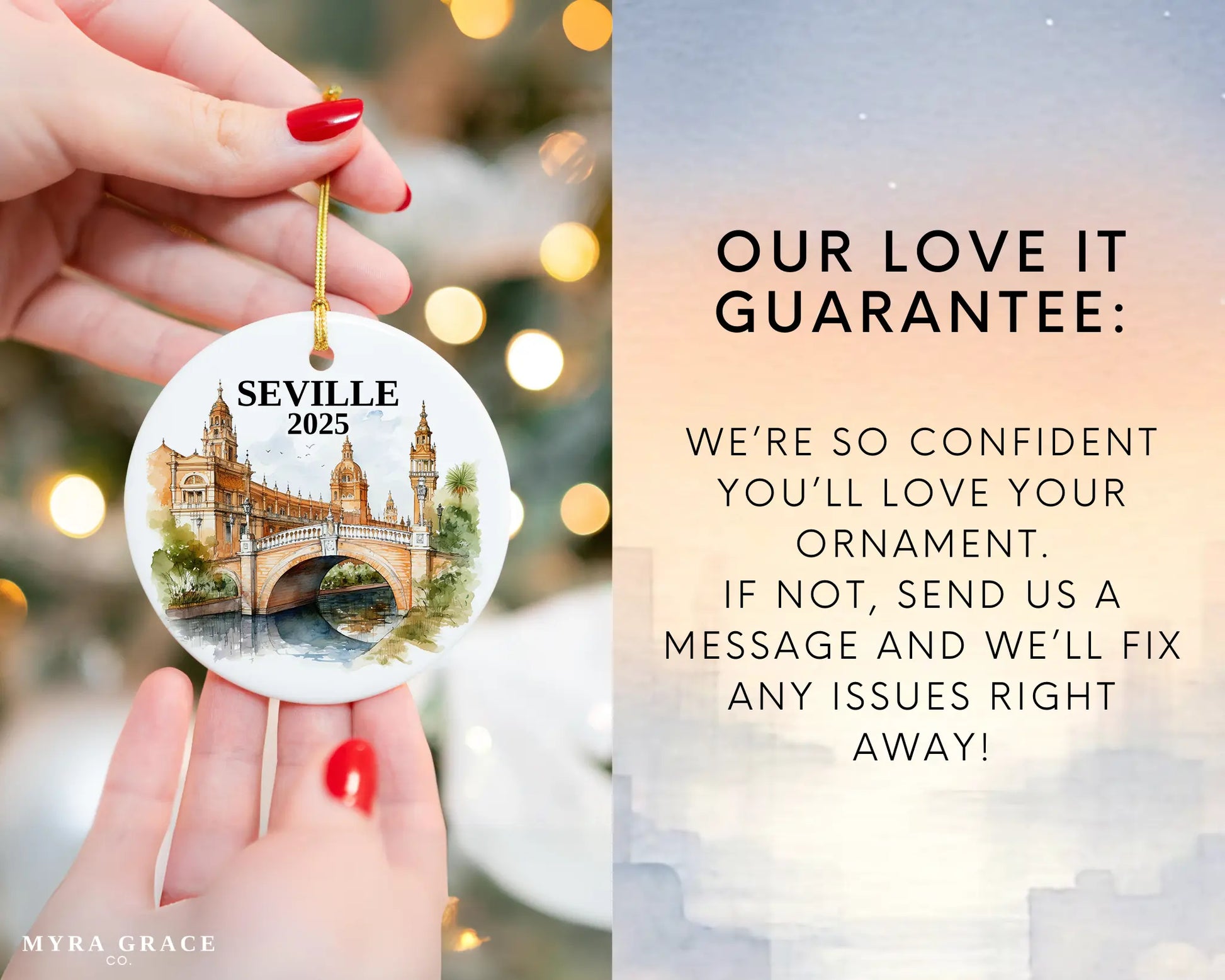 Seville Spain Ornament Custom Gift Souvenir Bauble. Custom Seville Spain ceramic photo ornament with personalized message – handmade Christmas bauble, gift souvenir, or vacation keepsake.  Love it guarantee