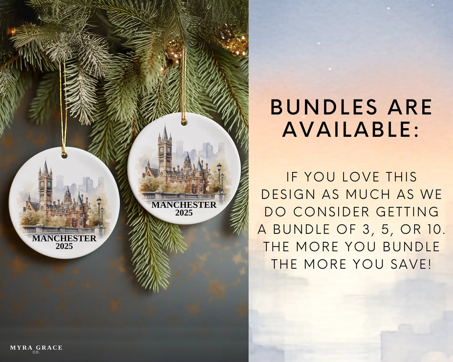 Custom Manchester UK ceramic photo ornament with personalized message – handmade Christmas bauble, gift souvenir, or vacation keepsake.  Bundles are available