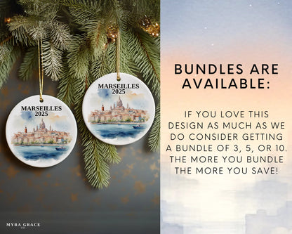 Custom Marseilles France ceramic photo ornament with personalized message – handmade Christmas bauble, gift souvenir, or vacation keepsake.  bundles are available