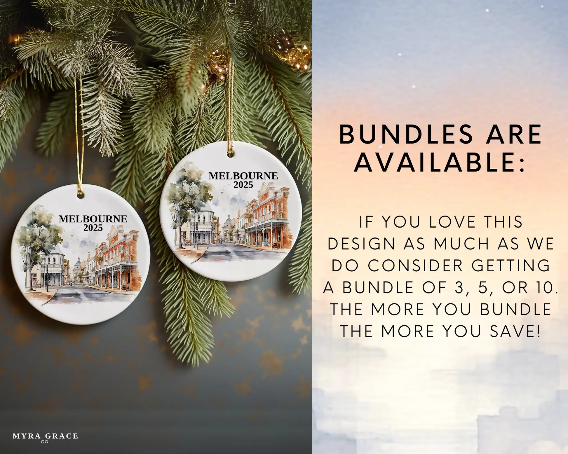 Custom Melbourne Australia ceramic photo ornament with personalized message – handmade Christmas bauble, gift souvenir, or vacation keepsake.  Bundles are available