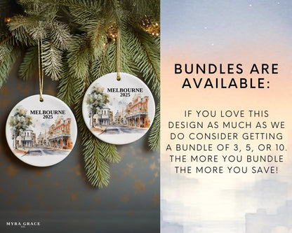 Custom Melbourne Australia ceramic photo ornament with personalized message – handmade Christmas bauble, gift souvenir, or vacation keepsake.  Bundles are available