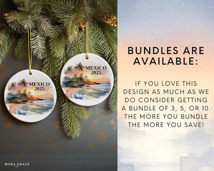 Custom Mexico ceramic photo ornament with personalized message – handmade Christmas bauble, gift souvenir, or vacation keepsake.  Bundles are available
