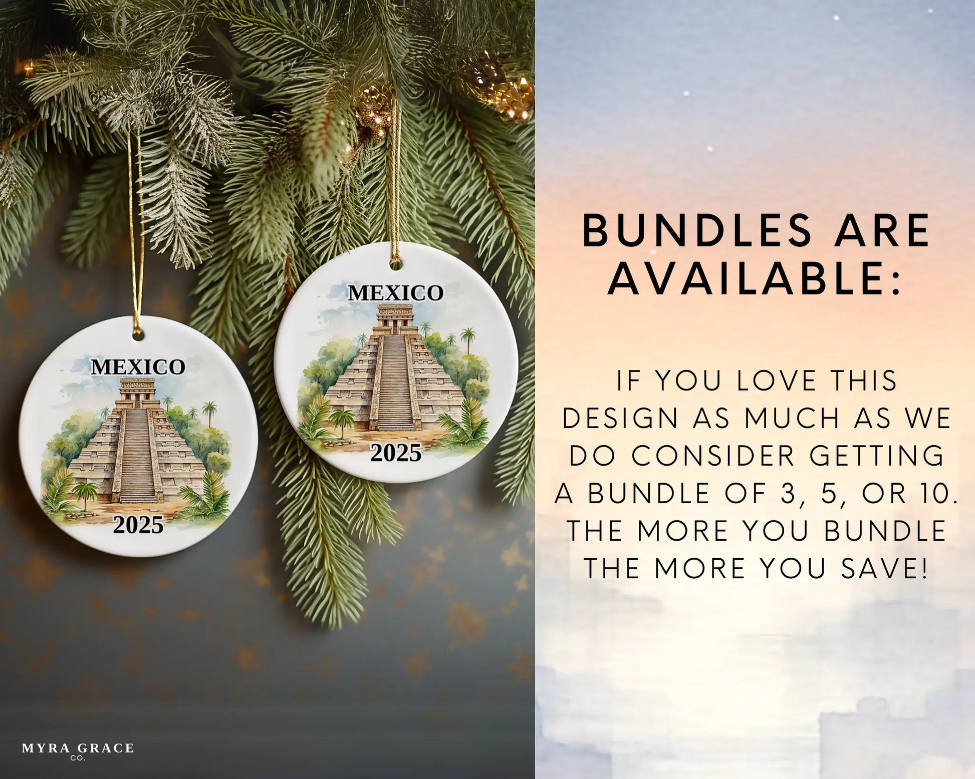 Custom Mexico Pyramids ceramic photo ornament with personalized message – handmade Christmas bauble, gift souvenir, or vacation keepsake.  Bundles are available