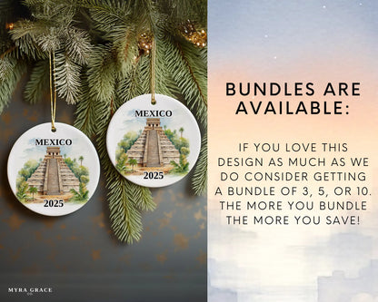 Custom Mexico Pyramids ceramic photo ornament with personalized message – handmade Christmas bauble, gift souvenir, or vacation keepsake.  Bundles are available