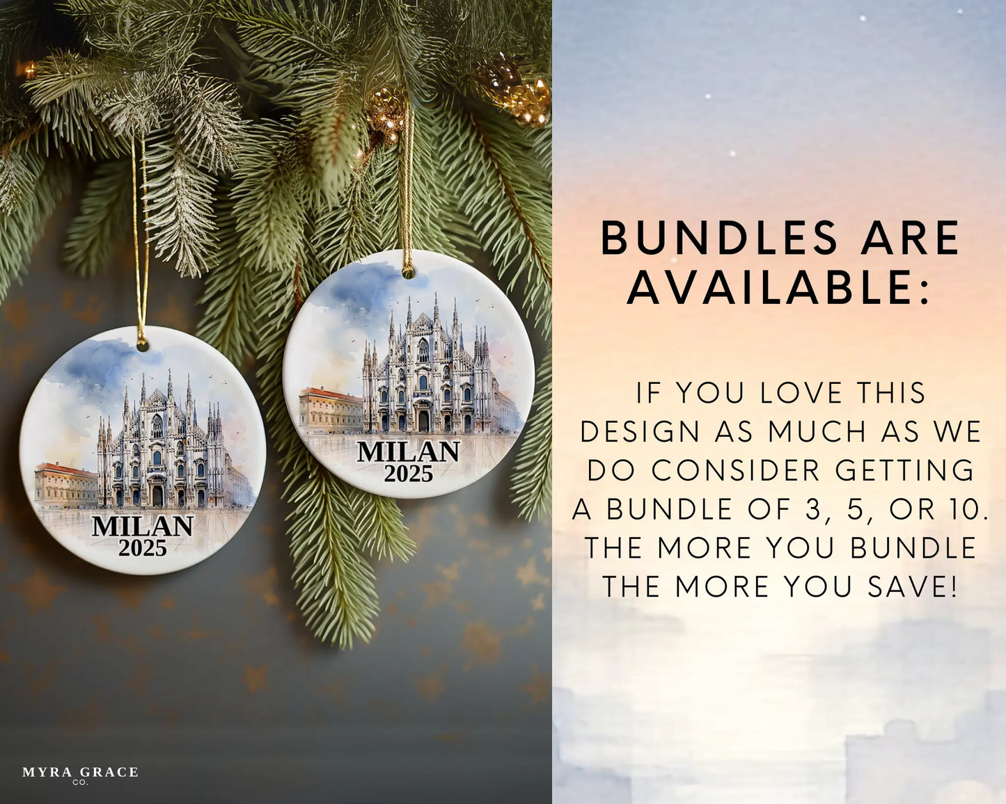 Custom Milan Italy ceramic photo ornament with personalized message – handmade Christmas bauble, gift souvenir, or vacation keepsake.  Bundles are available