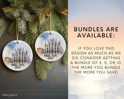 Custom Milan Italy ceramic photo ornament with personalized message – handmade Christmas bauble, gift souvenir, or vacation keepsake.  Bundles are available