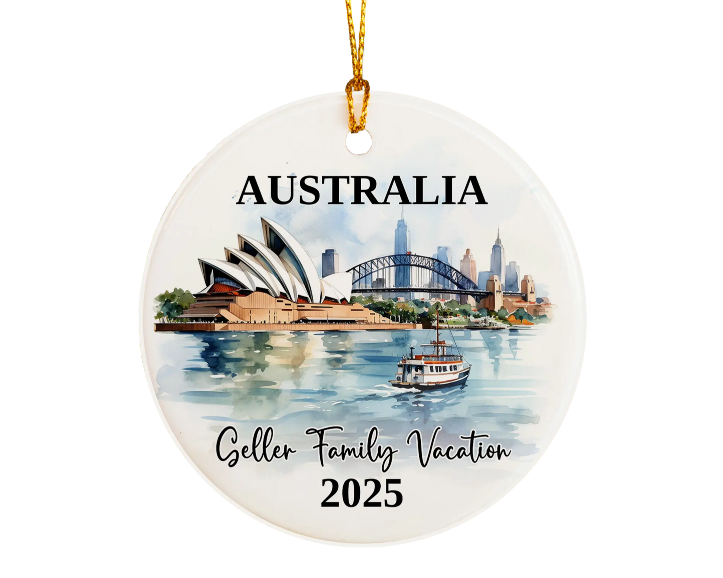Custom vacation Sydney Australia ceramic photo ornament with personalized message – handmade Christmas bauble, gift souvenir, or vacation keepsake. 