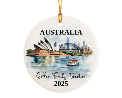 Custom vacation Sydney Australia ceramic photo ornament with personalized message – handmade Christmas bauble, gift souvenir, or vacation keepsake. 