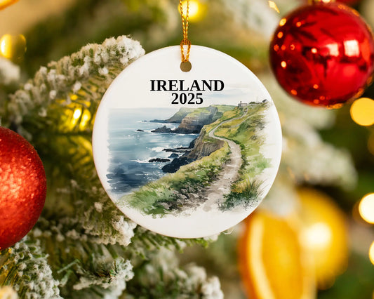 Custom Ireland Cliffs of Moher ceramic photo ornament with personalized message – handmade Christmas bauble, gift souvenir, or vacation keepsake.  