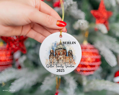 Custom vacation Berlin Germany ceramic photo ornament with personalized message – handmade Christmas bauble, gift souvenir, or vacation keepsake. 