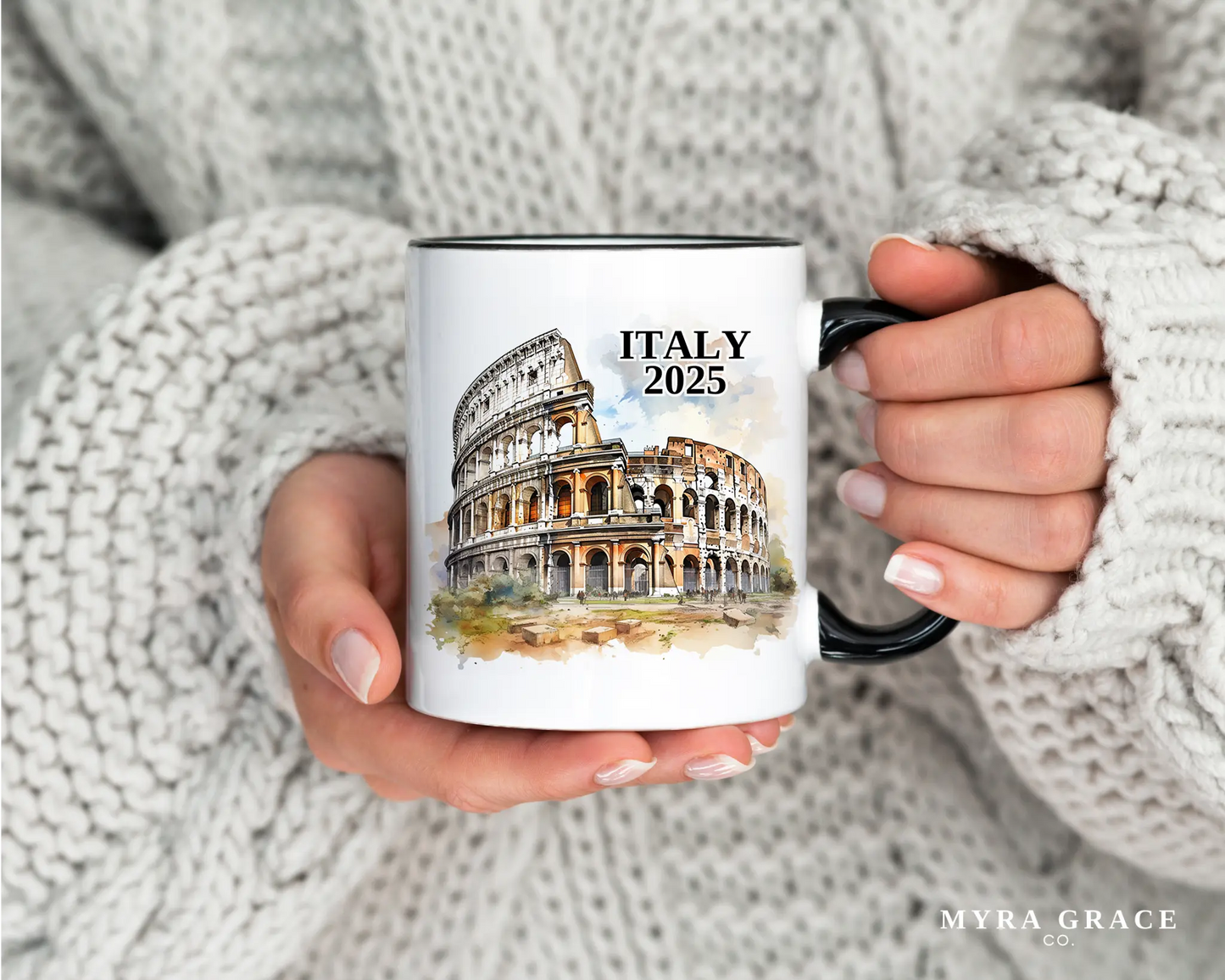 Custom ceramic Italy Colosseum vacation mug with watercolor location design, date, and personal photo – personalized travel gift or photo mug. 