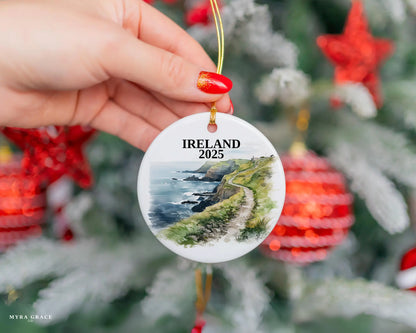 Custom Ireland Cliffs of Moher ceramic photo ornament with personalized message – handmade Christmas bauble, gift souvenir, or vacation keepsake.  