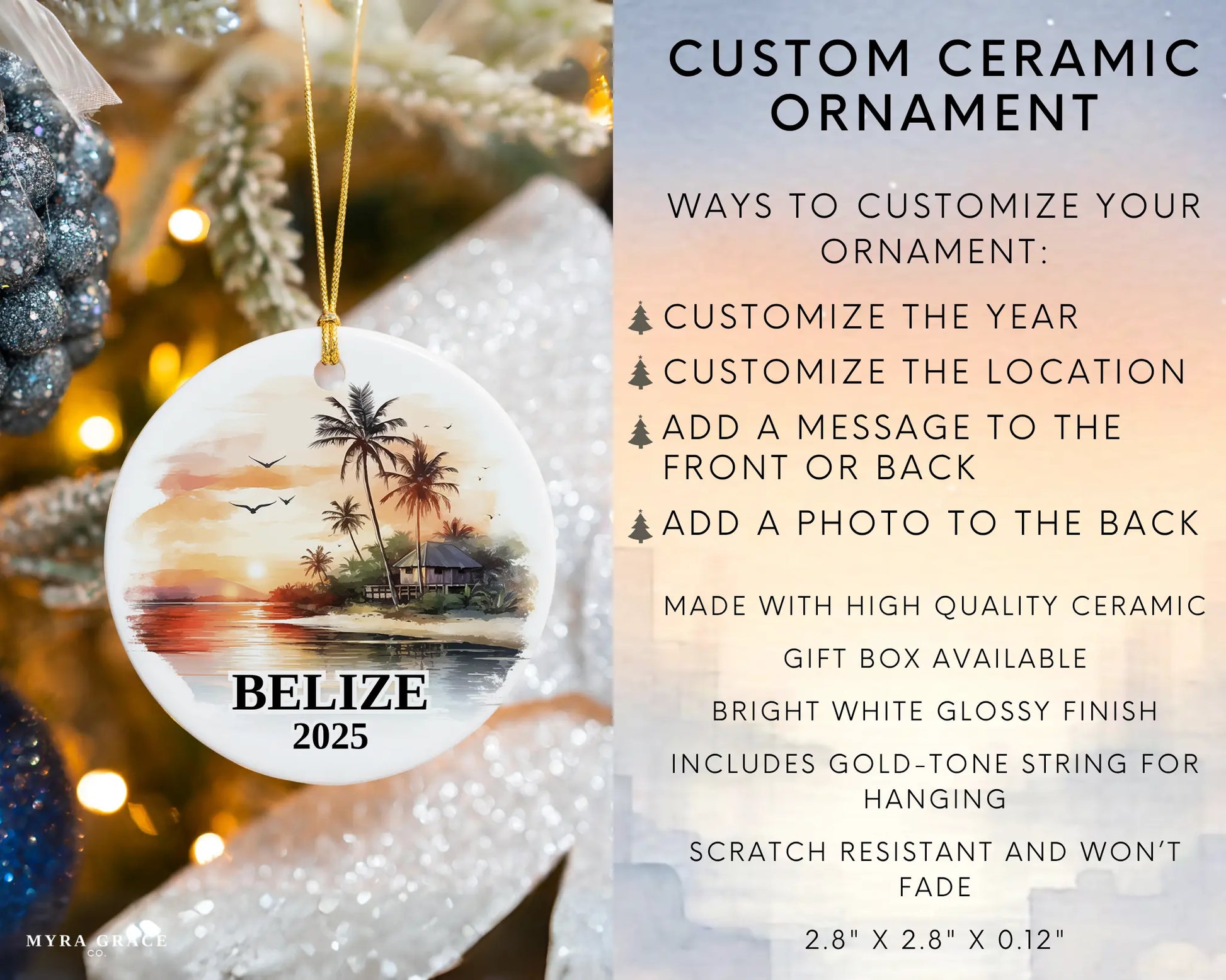 Custom Belize ceramic photo ornament with personalized message – handmade Christmas bauble, gift souvenir, or vacation keepsake.  Infographic