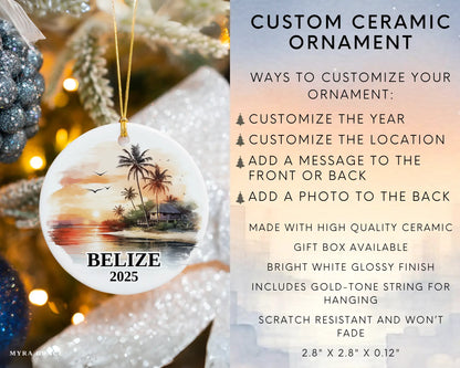 Custom Belize ceramic photo ornament with personalized message – handmade Christmas bauble, gift souvenir, or vacation keepsake.  Infographic