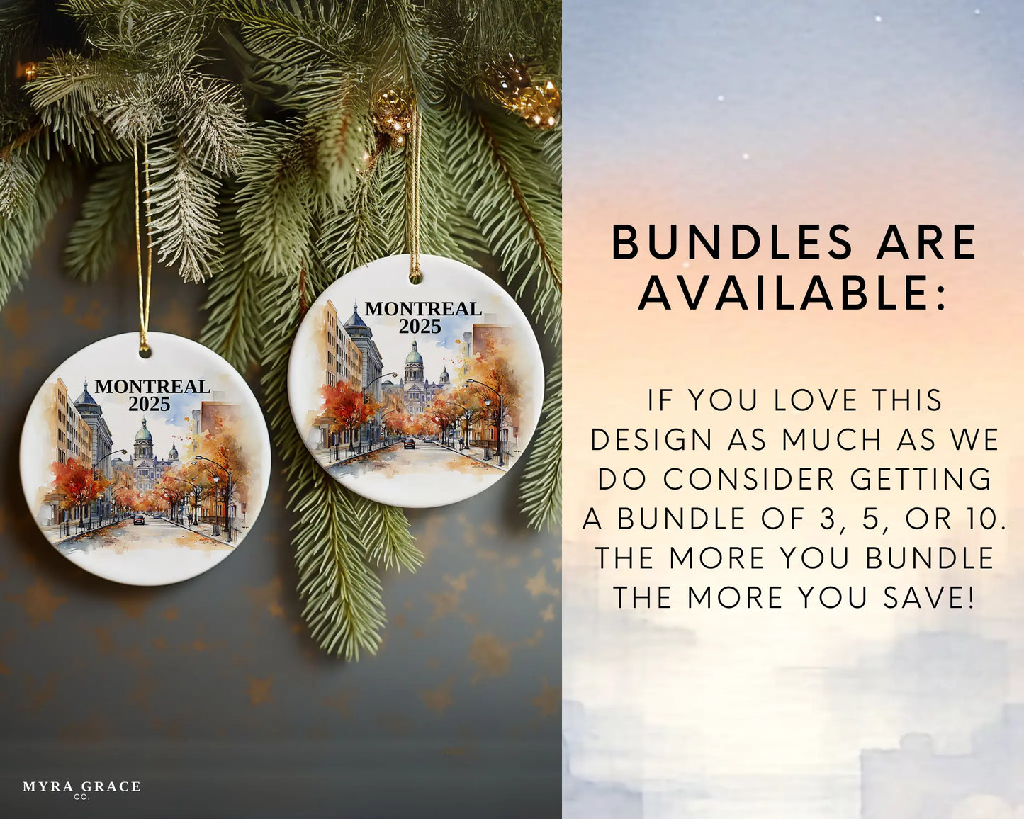 Custom Montreal Quebec ceramic photo ornament with personalized message – handmade Christmas bauble, gift souvenir, or vacation keepsake.  Bundles are available
