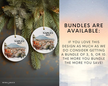 Custom Naples Italy ceramic photo ornament with personalized message – handmade Christmas bauble, gift souvenir, or vacation keepsake.  Bundles are available