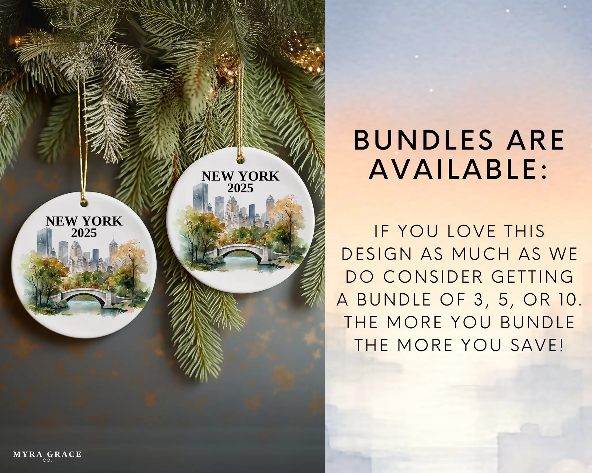 Custom New York Central Park ceramic photo ornament with personalized message – handmade Christmas bauble, gift souvenir, or vacation keepsake.  Bundles are available