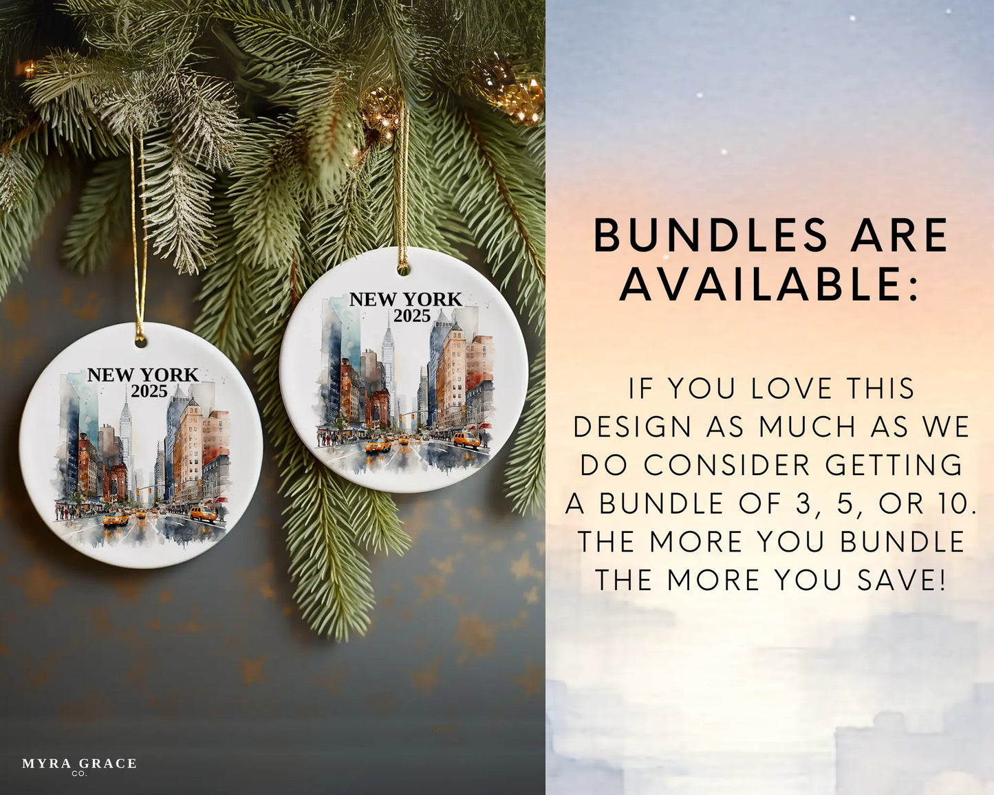 Custom New York City ceramic photo ornament with personalized message – handmade Christmas bauble, gift souvenir, or vacation keepsake.  Bundles are available