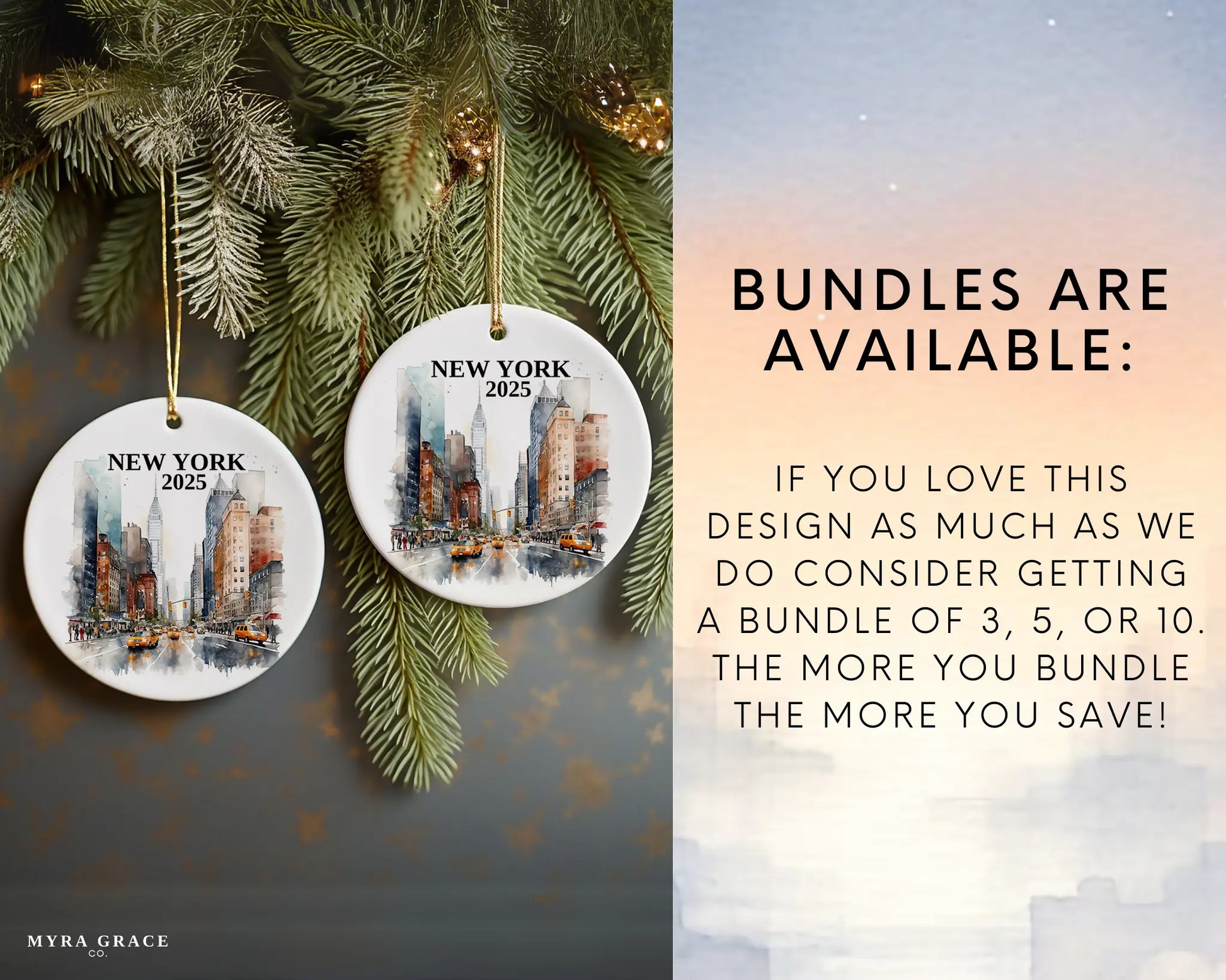Custom New York City ceramic photo ornament with personalized message – handmade Christmas bauble, gift souvenir, or vacation keepsake.  Bundles are available