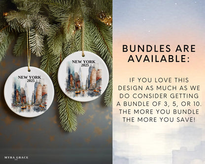 Custom New York City ceramic photo ornament with personalized message – handmade Christmas bauble, gift souvenir, or vacation keepsake.  Bundles are available
