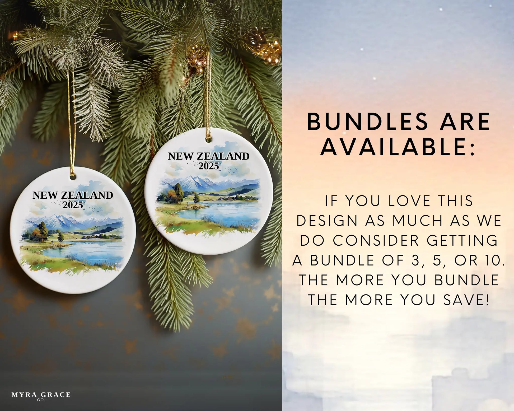 Custom New Zealand ceramic photo ornament with personalized message – handmade Christmas bauble, gift souvenir, or vacation keepsake.  Bundles are available