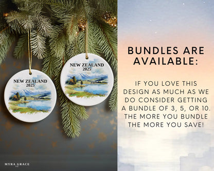 Custom New Zealand ceramic photo ornament with personalized message – handmade Christmas bauble, gift souvenir, or vacation keepsake.  Bundles are available