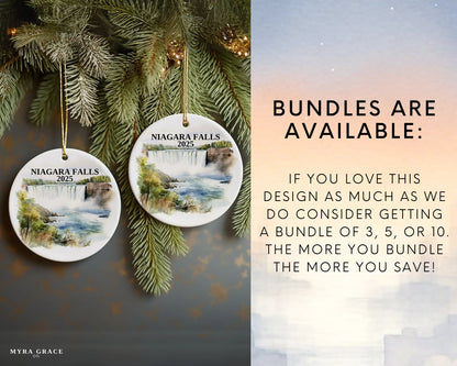 Custom Niagara Falls ceramic photo ornament with personalized message – handmade Christmas bauble, gift souvenir, or vacation keepsake.  Bundles are available