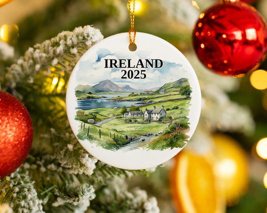 Custom Ireland ceramic photo ornament with personalized message – handmade Christmas bauble, gift souvenir, or vacation keepsake.  