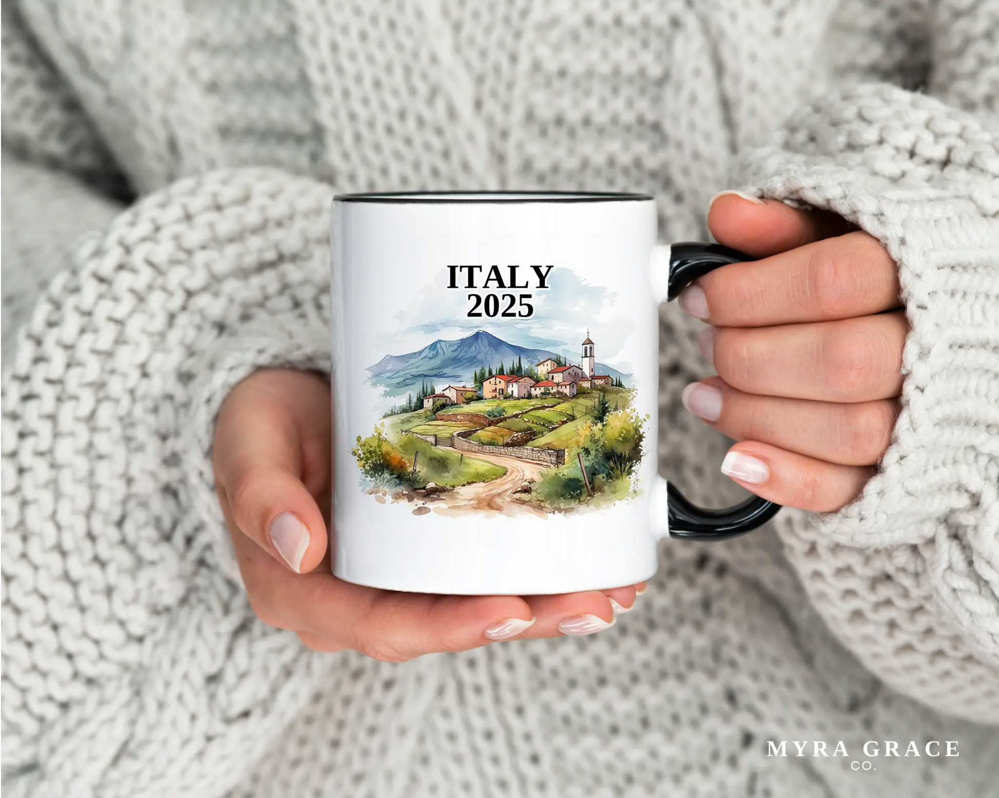 Custom ceramic Italy vacation mug with watercolor location design, date, and personal photo – personalized travel gift or photo mug. 