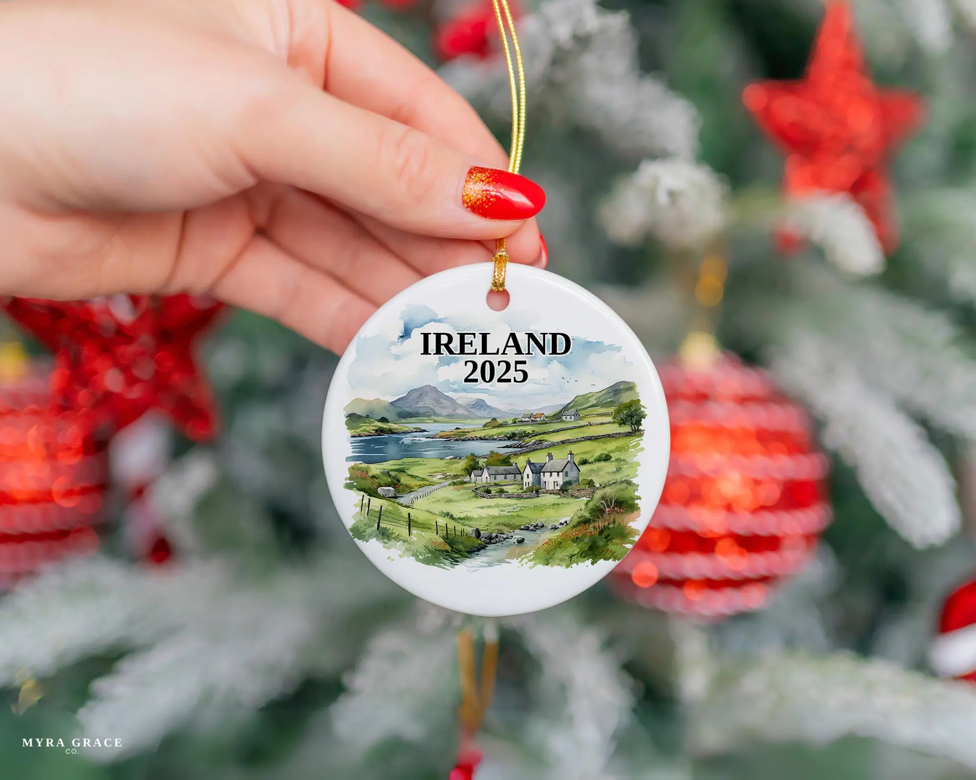 Custom Ireland ceramic photo ornament with personalized message – handmade Christmas bauble, gift souvenir, or vacation keepsake.  