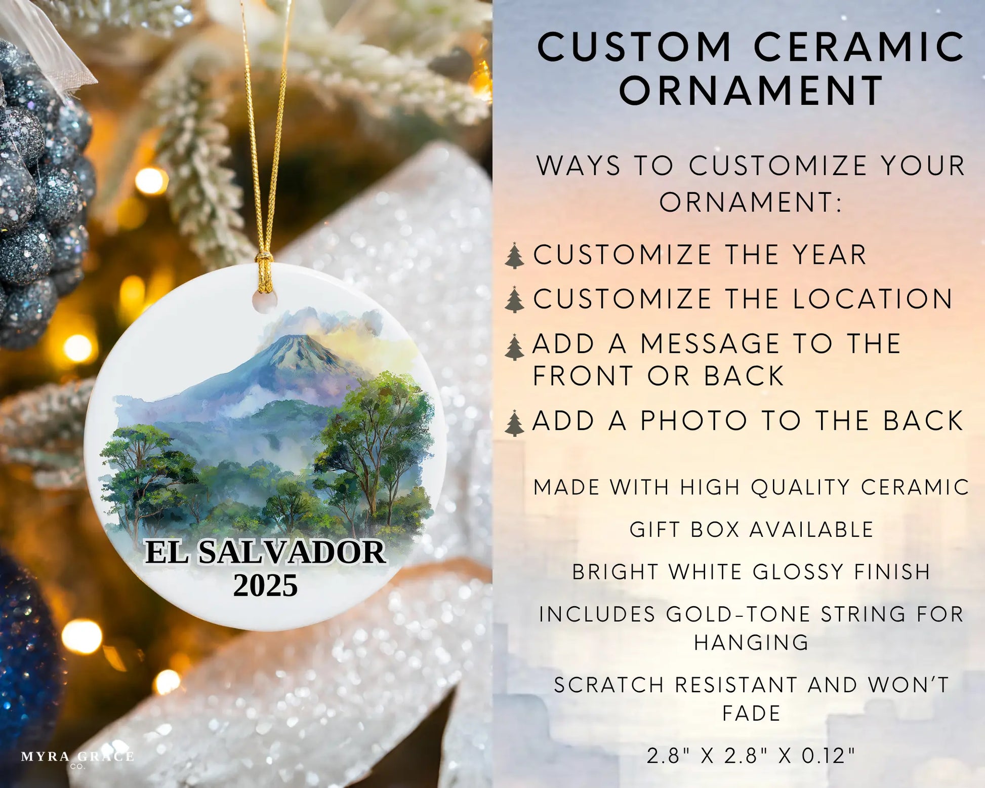Custom El Salvador ceramic photo ornament with personalized message – handmade Christmas bauble, gift souvenir, or vacation keepsake.  Infographic