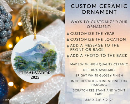 Custom El Salvador ceramic photo ornament with personalized message – handmade Christmas bauble, gift souvenir, or vacation keepsake.  Infographic