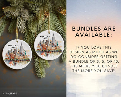 Custom New York NYC ceramic photo ornament with personalized message – handmade Christmas bauble, gift souvenir, or vacation keepsake.  Bundles are available
