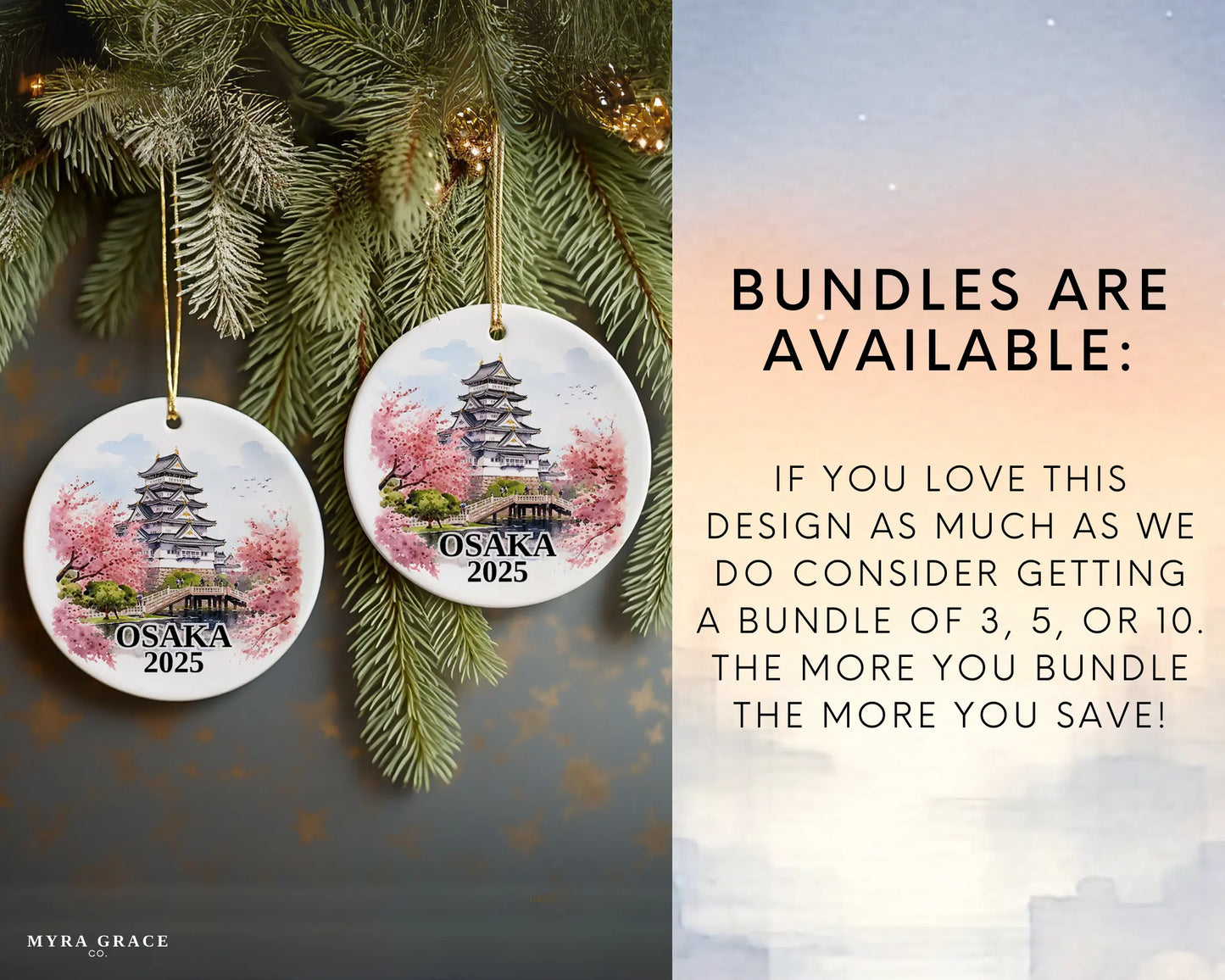 Custom Osaka Japan ceramic photo ornament with personalized message – handmade Christmas bauble, gift souvenir, or vacation keepsake. 