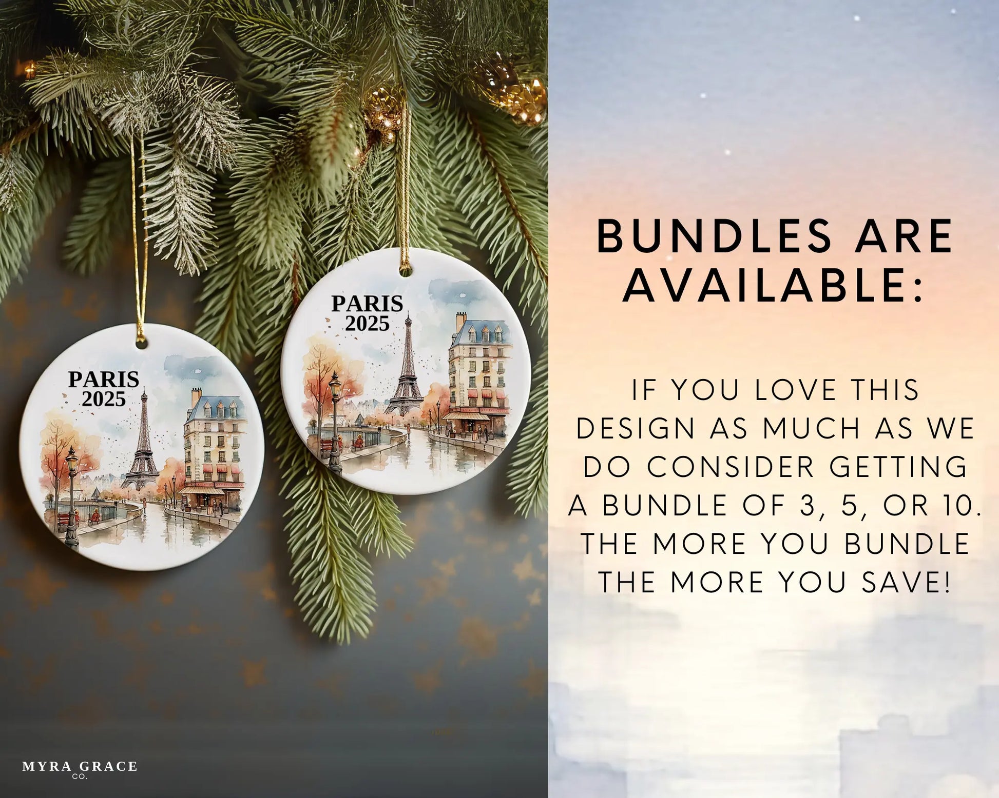 Custom Paris France ceramic photo ornament with personalized message – handmade Christmas bauble, gift souvenir, or vacation keepsake.  Bundles are available