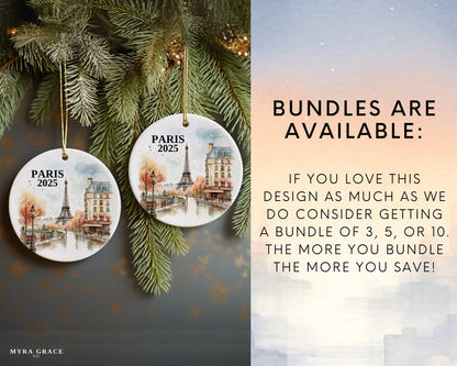 Custom Paris France ceramic photo ornament with personalized message – handmade Christmas bauble, gift souvenir, or vacation keepsake.  Bundles are available