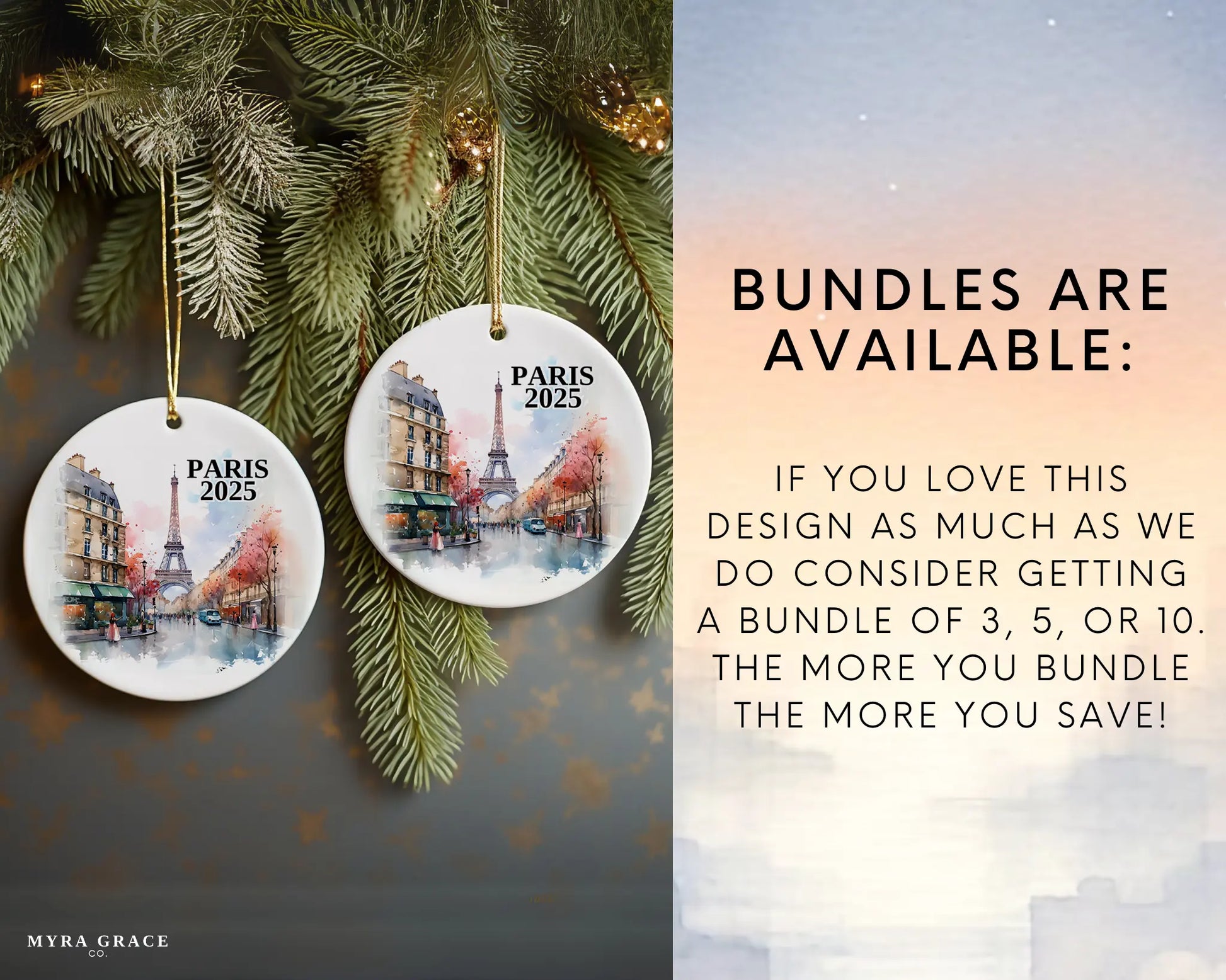 Custom Paris France ceramic photo ornament with personalized message – handmade Christmas bauble, gift souvenir, or vacation keepsake.  Bundles are available