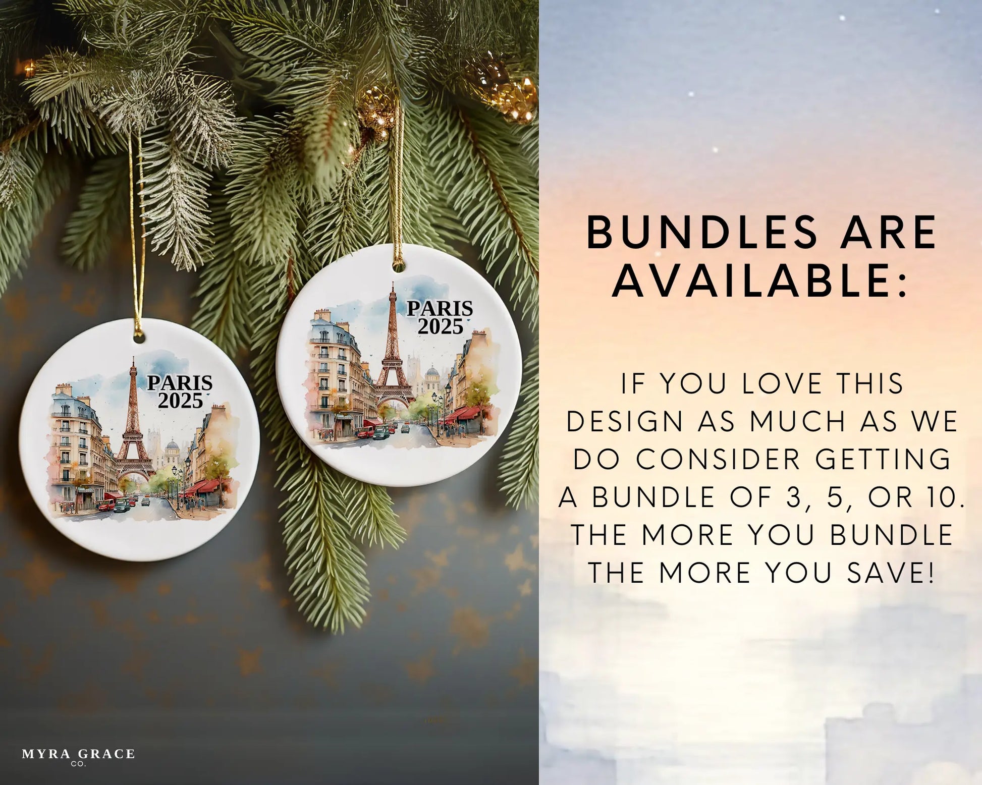 Custom Paris France ceramic photo ornament with personalized message – handmade Christmas bauble, gift souvenir, or vacation keepsake.  bundles are available