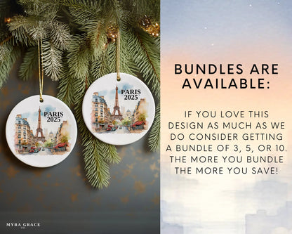 Custom Paris France ceramic photo ornament with personalized message – handmade Christmas bauble, gift souvenir, or vacation keepsake.  bundles are available
