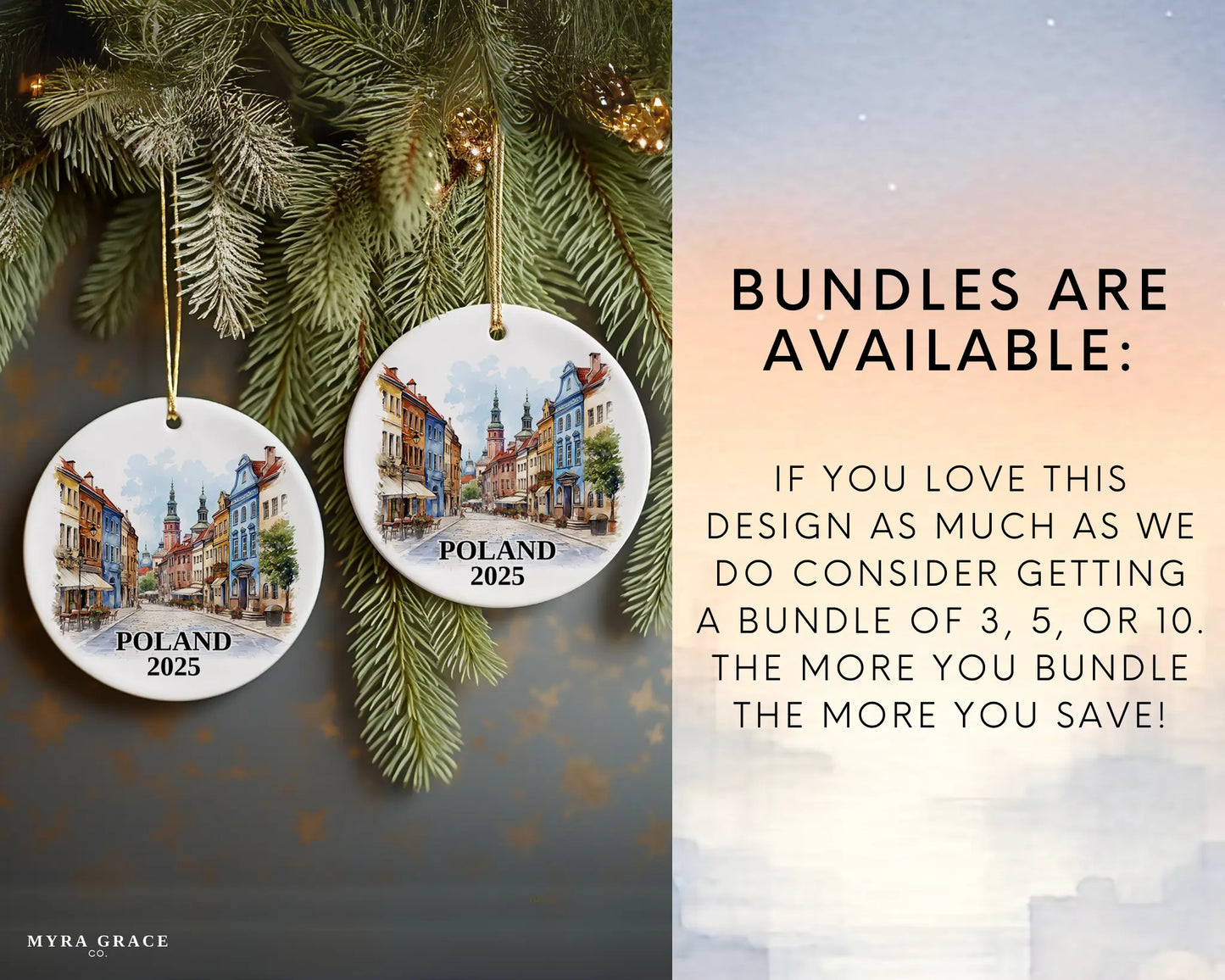 Custom Poland ceramic photo ornament with personalized message – handmade Christmas bauble, gift souvenir, or vacation keepsake. Bundles are available