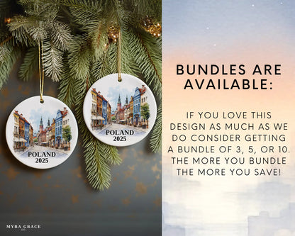 Custom Poland ceramic photo ornament with personalized message – handmade Christmas bauble, gift souvenir, or vacation keepsake. Bundles are available