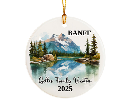 Custom vacation Banff Canada ceramic photo ornament with personalized message – handmade Christmas bauble, gift souvenir, or vacation keepsake. 