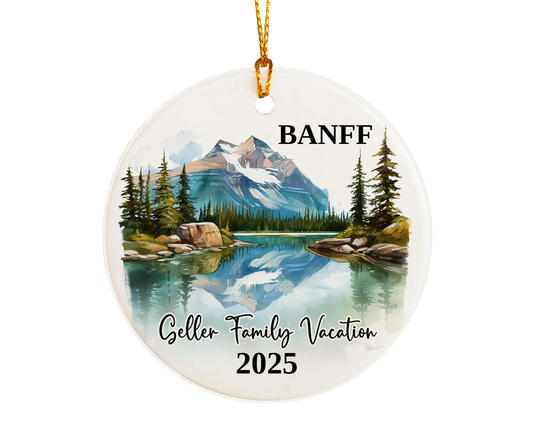 Custom vacation Banff Canada ceramic photo ornament with personalized message – handmade Christmas bauble, gift souvenir, or vacation keepsake. 