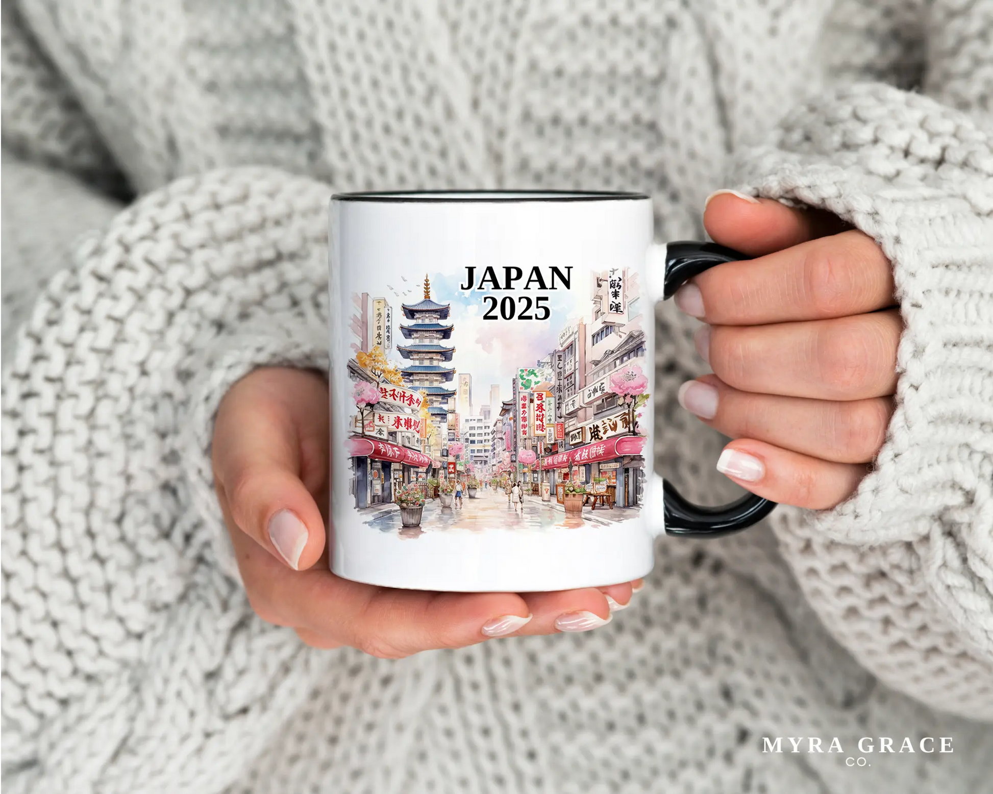 Custom ceramic Japan vacation mug with watercolor location design, date, and personal photo – personalized travel gift or photo mug. 