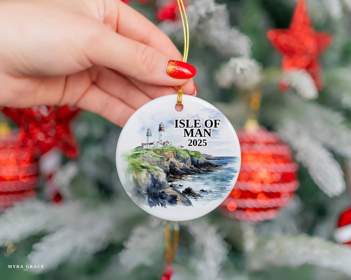 Custom Isle of Man ceramic photo ornament with personalized message – handmade Christmas bauble, gift souvenir, or vacation keepsake.  