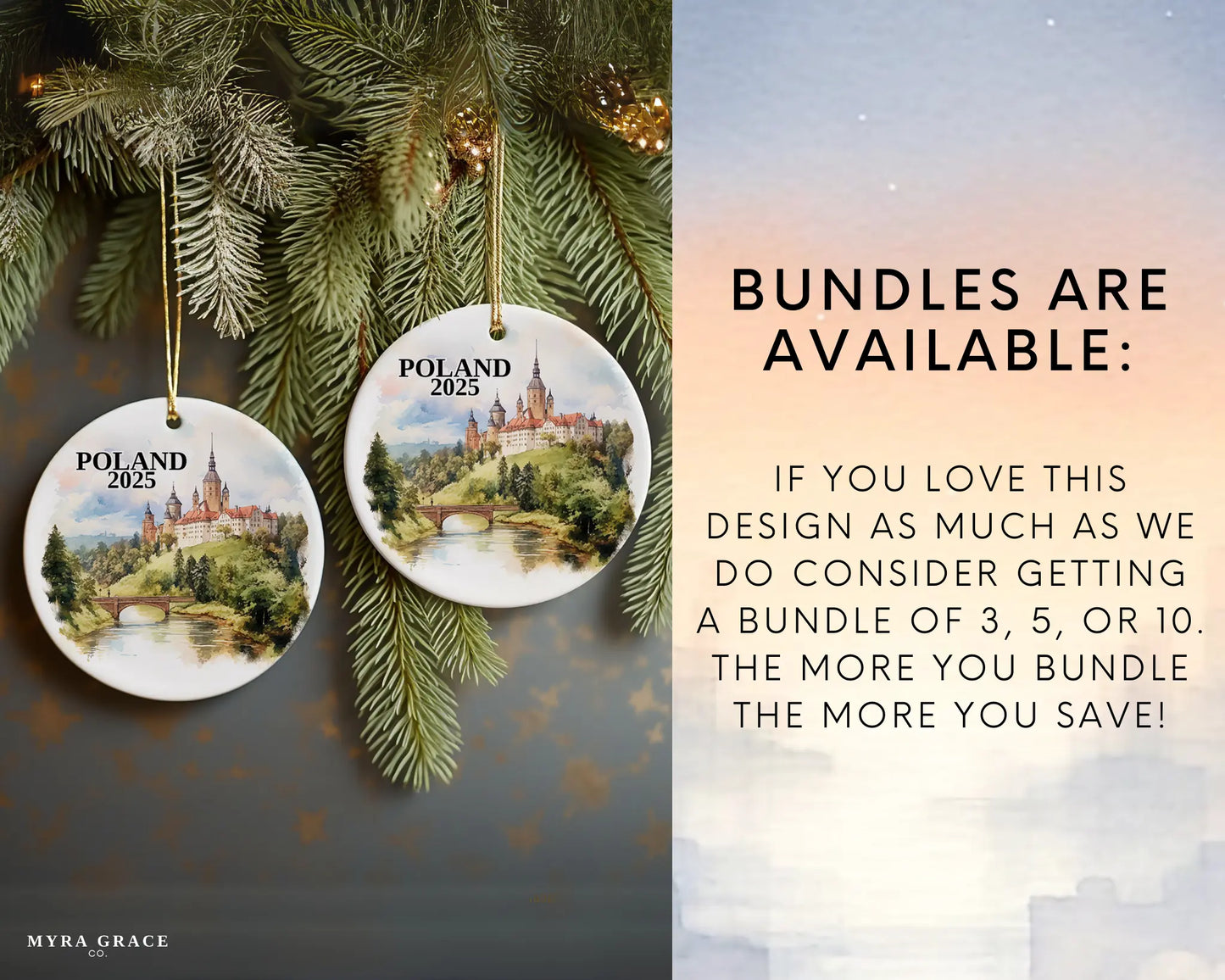Custom Poland ceramic photo ornament with personalized message – handmade Christmas bauble, gift souvenir, or vacation keepsake. Bundles are available