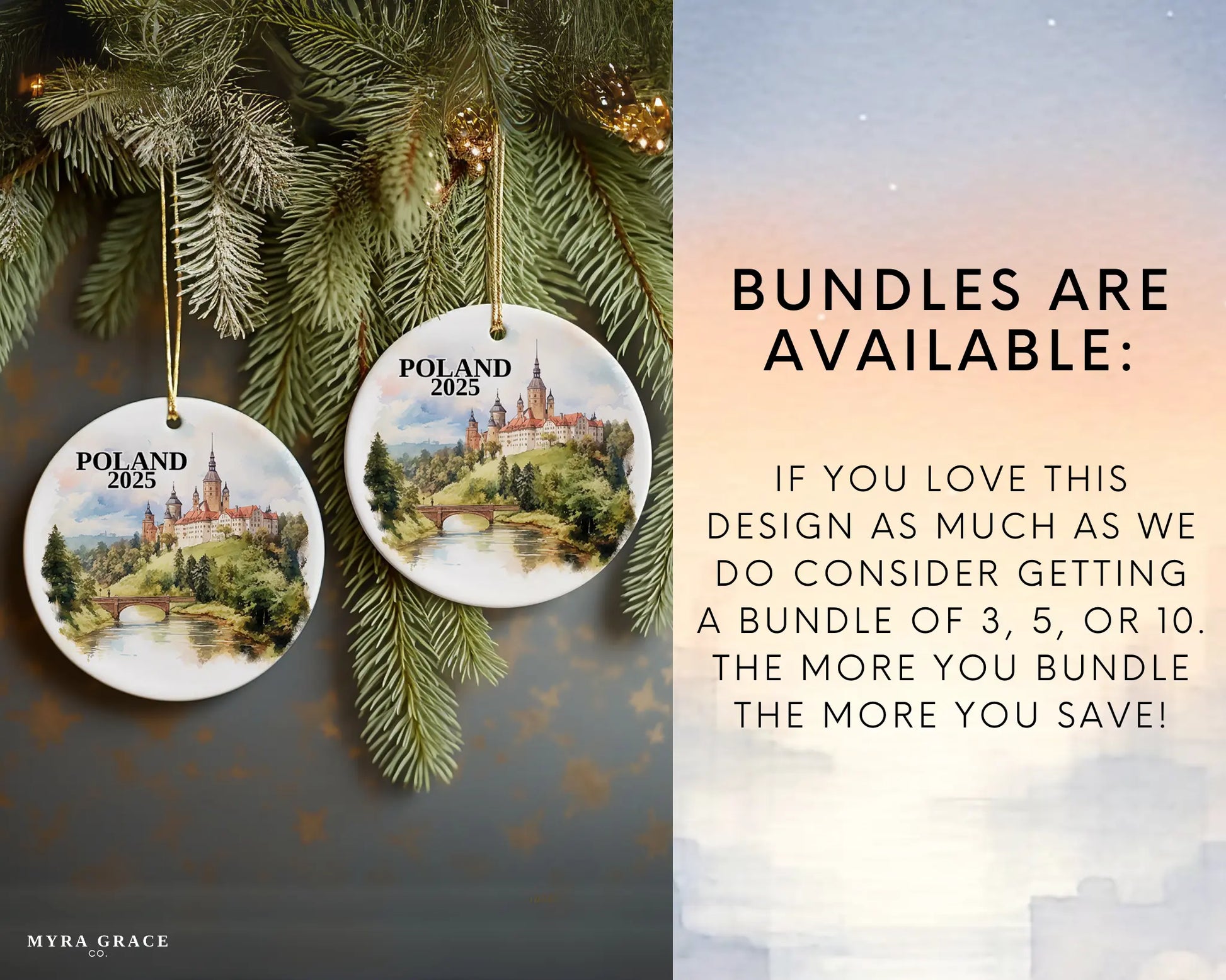 Custom Poland ceramic photo ornament with personalized message – handmade Christmas bauble, gift souvenir, or vacation keepsake. Bundles are available